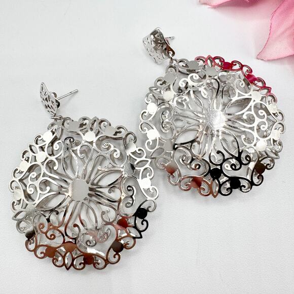 Vintage Puffy Filigree Openwork Earrings Silver Tone  Round Drop Dimensional 3D - Picture 3 of 13